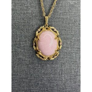 Vintage JJJ 12K Gold Filled Pink Cabochon Pendant Necklace Ornate Floral Setting